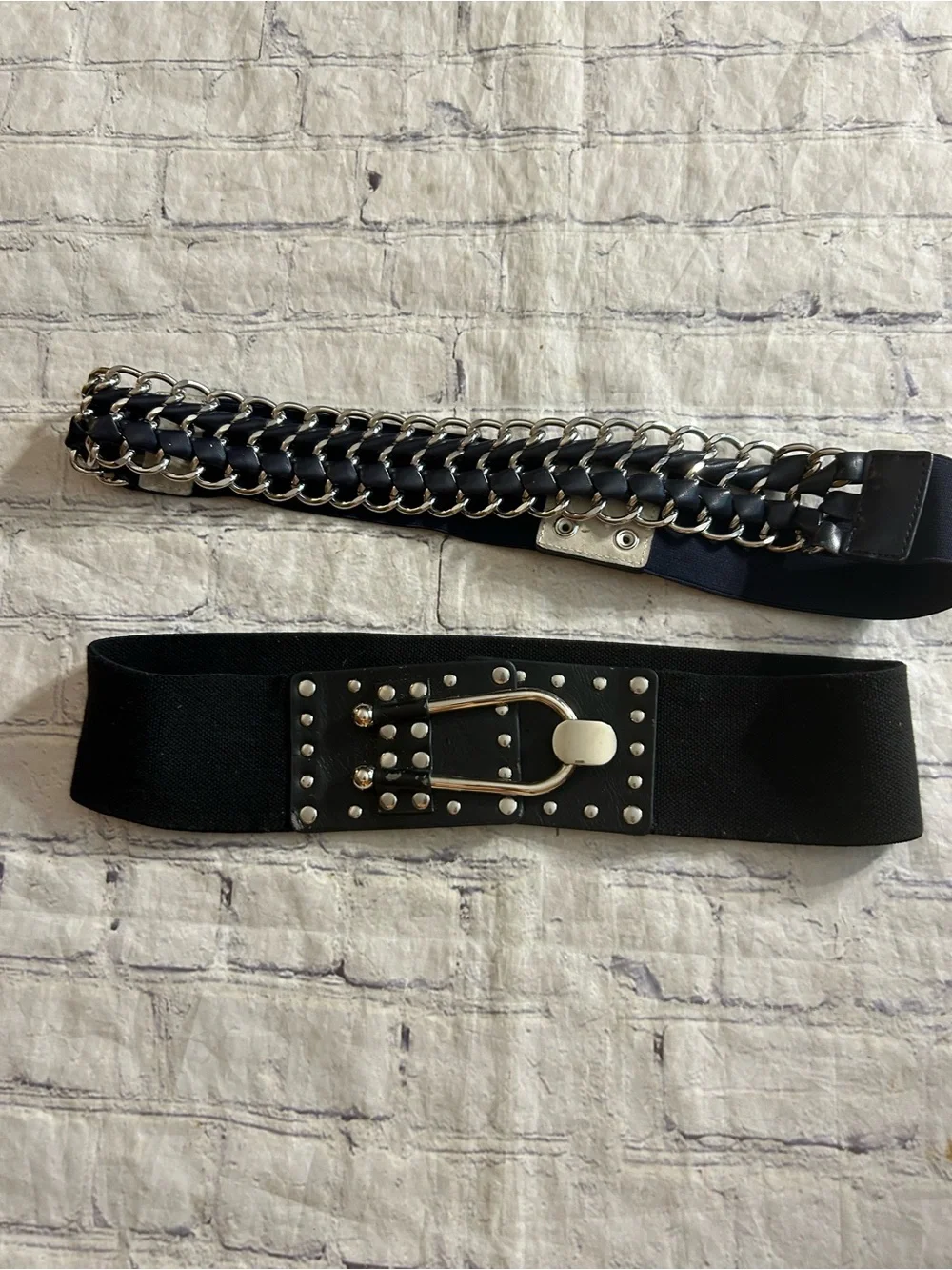 LOT OF (2) BLACK WITH SILVER TONE HARDWARE BIKER STRETCH WIDE BELTS SIZE LARGE